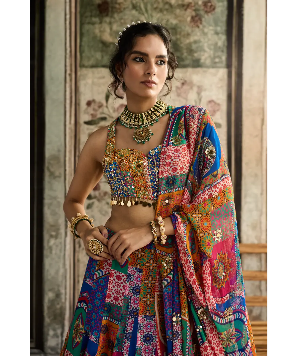 DIYARAJVVIR - MULTI-COLOR  PRINT AND HIGHLIGHTED RACERBACK BLOUSE WITH GODET SKIRT SET
